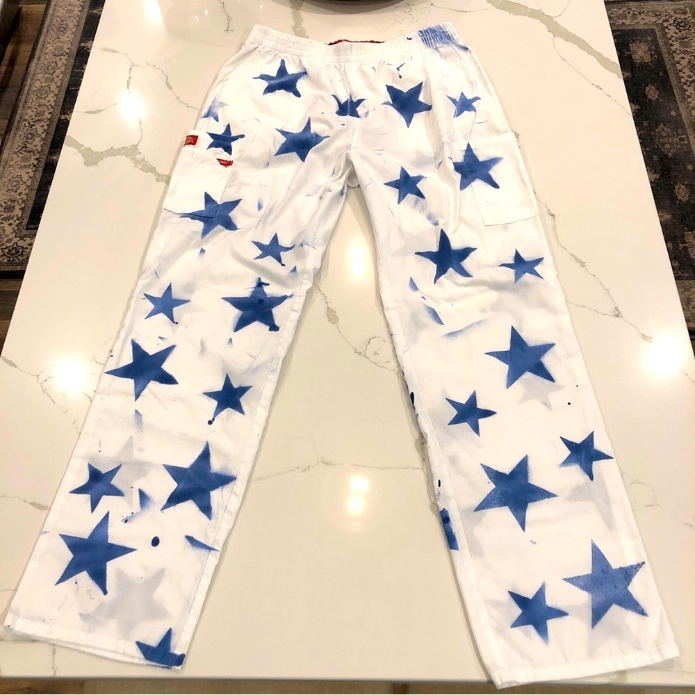 Dickies White Straight Leg Pants with Blue Star Print
